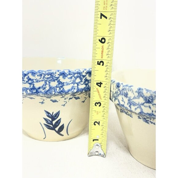 2 Ransbottom Roseville Pottery Wheat Blue Spongeware Nesting Bowls 6 & 7 Inch - Picture 8 of 10